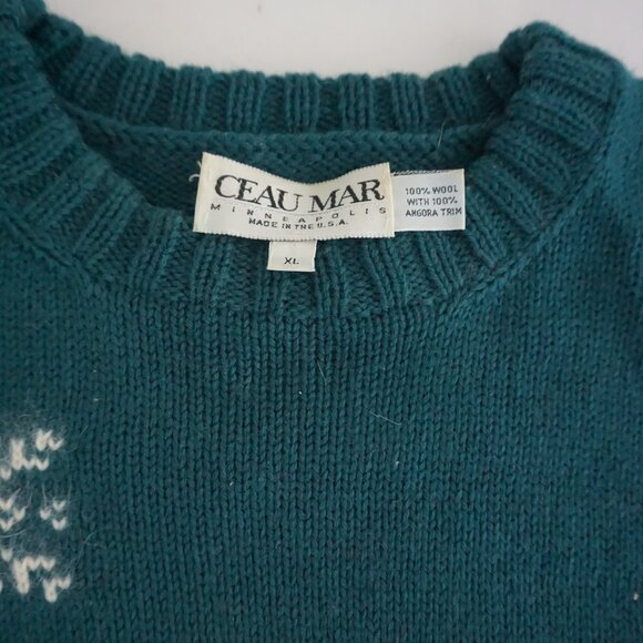 Ceau Mar Teal Wool Angora Snowflake Knit Sweater Cabincore Retro Aesthetic XL - Picture 10 of 10